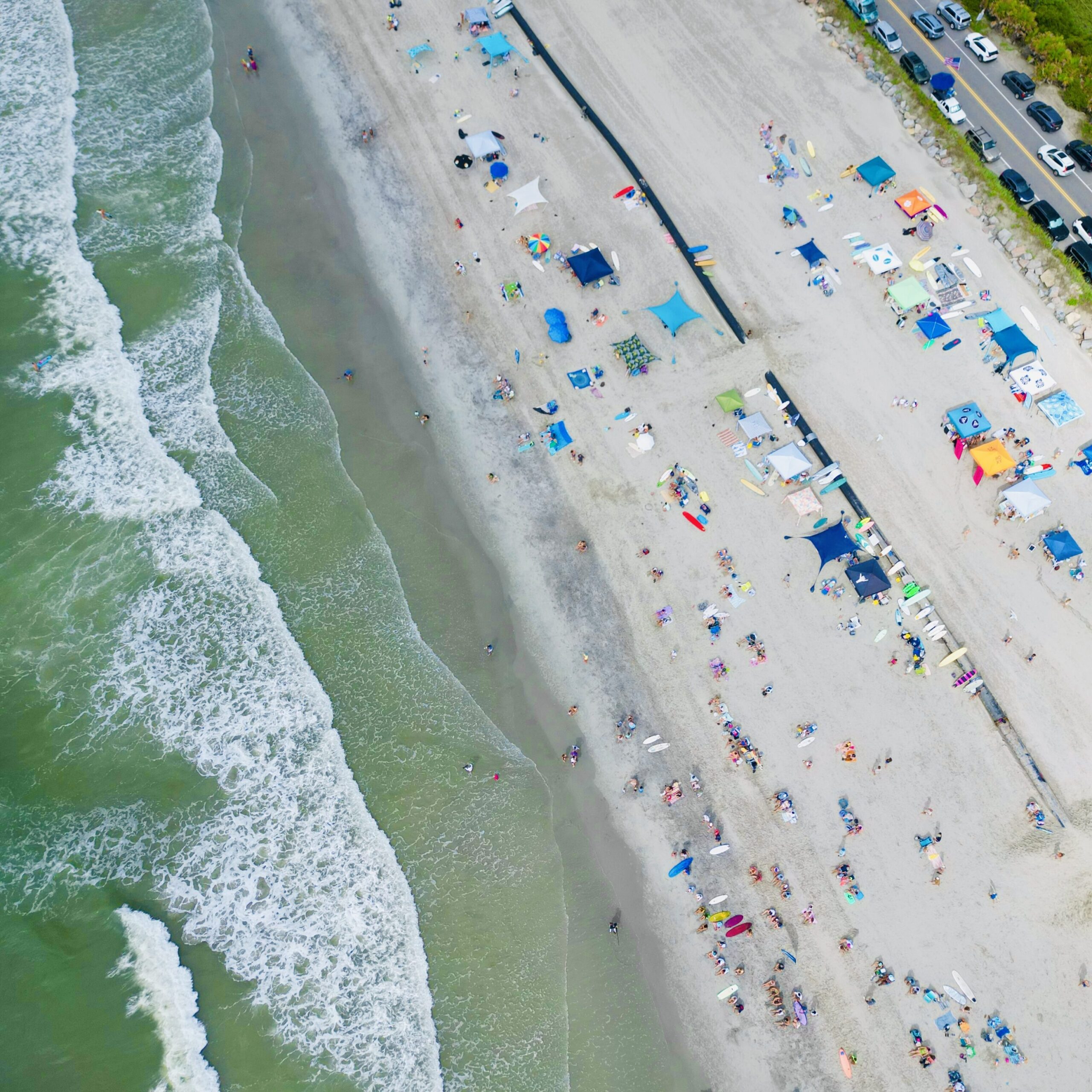 Aerial view of Folly Beach during the Wahine Surf Classic