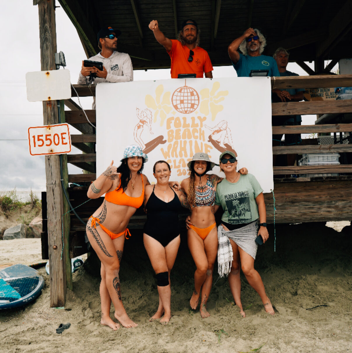 Stuey with friends on Folly Beach for the Wahine Surf Classic